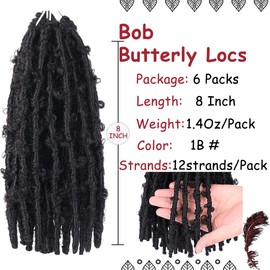 Beverlee Butterfly Locs Crochet Hair Short 6 Packs Black Crochet Bob Hair 8 Inch Distressed Faux Locs#1B…