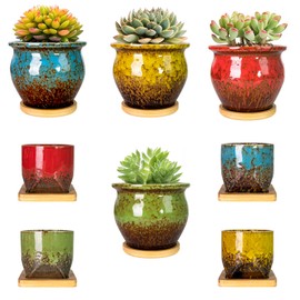 ARTKETTY Succulent Pots, 4.5/3 Inch Small Succulent Plant Pots with Drainage Tray Colorful Cactus Planter Ceramic Pot for Small Plants Pack of 8
