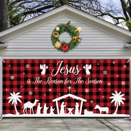 Christmas Nativity Garage Door Cover 6 x 13 ft Large Holy Nativity Scene Garage Banner Mural Jesus is The Reason for The Season Red Buffalo Plaid Garage Backdrop for Holy Christmas Outdoor Decor