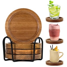 Juego de 4 posavasos de madera de acacia con soporte, posavasos de madera natural con patas de espuma, antideslizantes y resistentes al calor,...     
