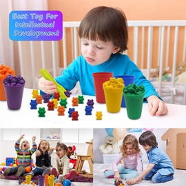 Rainbow Counting Bears with Matching Sorting Cups, Bear Counters and Dice Math Toddler Games 96pc Set - Bonus Scoop Tongs, Storage Bag