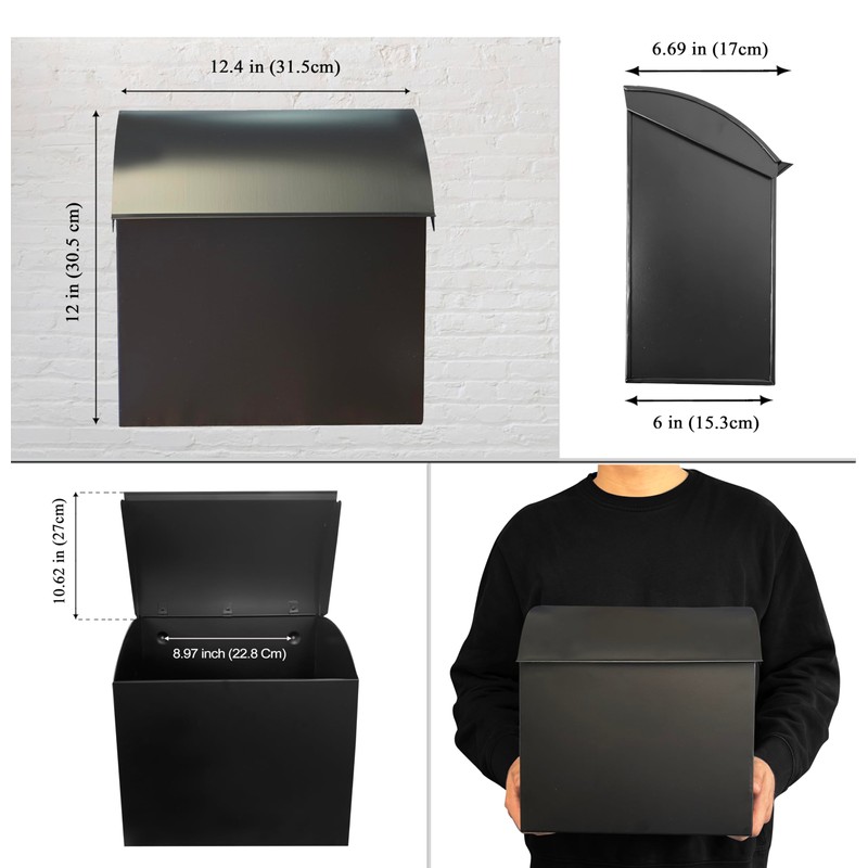 NACH Large Mailbox for House, 12.4”x7.1”x11.8 Black Mailboxes for Outside,