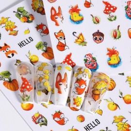 6 Sheets Fall Nail Art Stickers Decals Maple Leaf Nail Stickers 3D Self-Adhesive Autumn Nail Decals Maple Leaves Nut Pumpkin Squirrel Designs Thanksgiving Nail Supplies for Women DIY Manicure Decorate