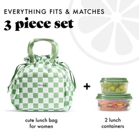 Fit & Fresh Cromwell Drawstring Lunch Bag for Women, Complete Lunch Set with 2 Containers, Stain-Resistant, Leak-Resistant, Back to School Essential, Teacher Lunchbox, Pistachio Checker Board