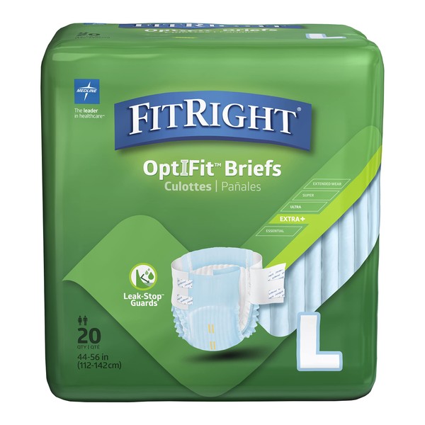 FitRight OptiFit Extra+ Adult Diapers with leak stop guards, Disposable Incontinence Briefs with Tabs, Moderate Absorbency, Large, 44"-56", 20 Count (Pack of 4)