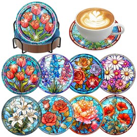 Diamond Art Coasters-8 PCS Flowers Diamond Painting Coasters Kits with Holder, DIY Tulips Coaster Kit for Adults Art Craft Supplies Gift