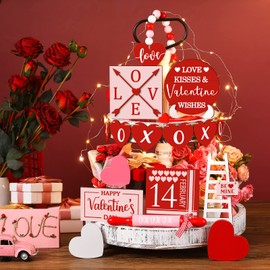 15 Pcs Valentine's Day Tiered Tray Decor Set, Heart Table Top Decor Farmhouse Wooden Block Signs Rolling Pin Wood Beads Garland Decor with LED String Lights for Valentine Home Kitchen Decorations