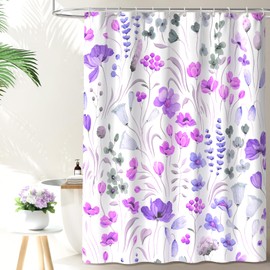 QiyI Watercolor Floral Shower Curtain, Flowers Leaves Spring Bathroom Curtain, Wildflowers Home Décor Machine Washable Bath Curtain, Purple Waterproof Fabric Shower Curtain Set with Hooks, 72x72