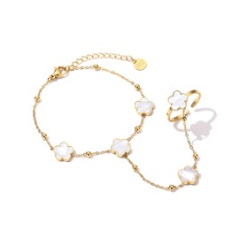 UOOANUO Clover Ring Bracelet Hand Chain 14k Gold Stainless Steel Hand Chain Bracelets for Women (14K Gold-White)