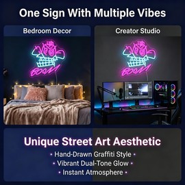 "BOOM!" Neon Sign with Cyberpunk Girl Art – 13.8"x12.2" Pink & Blue LED Wall Decor – Graffiti Style Light for Gaming Room, Bedroom & Street Art Space
