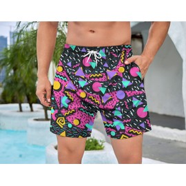 PIANHAUE Mens Swim Trunks with Compression Liner 5 Inch Inseam Quick Dry Vintage 8090s Swimwear Bathing Suit Swim Board Shorts with 4 Pockets