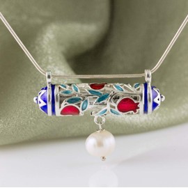 Pomegranate Mezuzah Jewish Necklace with Pearl 925 Sterling Silver Red Turquoise Enamel Blue Stars of David