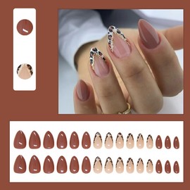 30 Pcs Reddish Brown Press on Nails Short Almond - SHANRUN Leopard French Fake Nails Press ons Nail Art Tip Glue on Nails Stick on Nails Full Cover Acrylic False Nail with Fall Glossy Design for Women