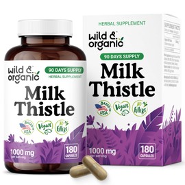 Wild & Organic Milk Thistle Capsules 1000mg - Liver Supplement - Silymarin Milk Thistle Seeds Powder for Liver Support - 180 Vegan Capsules - 3-Month Supply - No Fillers, Non-GMO