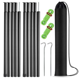 Tent Poles Adjustable Tarp Poles Steel Rods for Tarp Canopy Camping Replacement Set of 2 +Pegs & Reflective Ropes (Black)