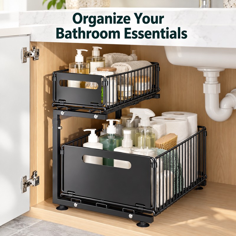 2-Tier Under Sink Organizer for Kitchen & Bathroom – Adjustable