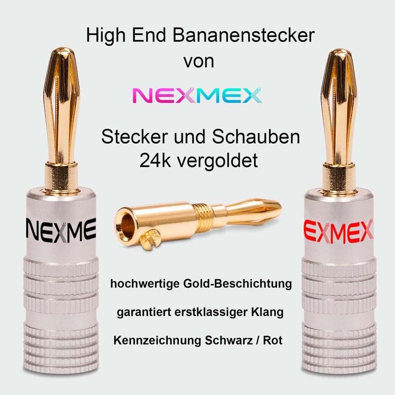 NEXMEX Banana Plugs Set of 4 Connectors 24K Gold-Plated for
