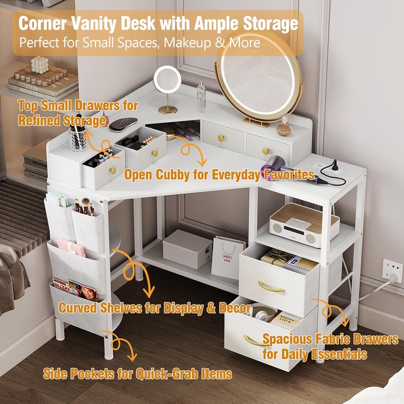 Espelism Corner Vanity Desk with Charging Station, 49.6" Makeup Table