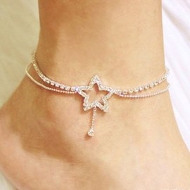 Silver Rhinestones Layered Anklets Rhinestones Heart Star Anklet Beach Summer Anklet for Women (Heart Anklet)