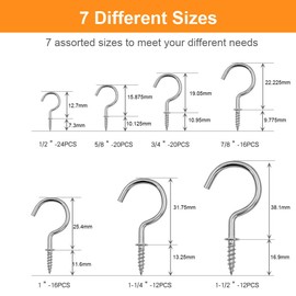 Hushtong 120 Pcs Screw Hooks, Cup Hooks Nickel Plated Hooks Metal Screw-in Eye Ceiling Hooks for Hanging Plants, Kitchen Cabinet Shelf (Silver)-7 Sizes