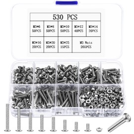 530 Piece M3 Screw Set, Pan Head Screws Nuts Set, Phillips Round Head Screws and Nuts Set, Machine Screws with Nuts Assortment Set, Thread Screws Set, Phillips Screws Kit