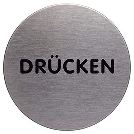 Durable Picto 490061 Door Sign "Drücken" (Push) Round 65 mm Metallic Silver (German Text)