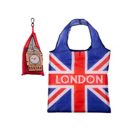 Puckator Foldable Reusable Shopping Bag - London Icons Big Ben Union Jack Design - Folding Shopping Bags - Foldable Tote Bag - Foldaway Shopping Bags - Fold Up Bag in Pouch - Family Beach Bag
