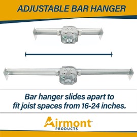 Airmont Products Ceiling Fan Mounting Bracket with Adjustable Bar Hanger, 1-1/2'' Deep, 2 NMSC Clamps, 2 1/2'' Knockouts, Fits 16-24 Inch Joist Spaces, Ground Screw, Electrical Box for Light Fixtures