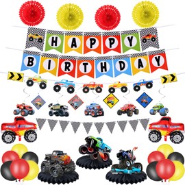Skylety Truck Birthday Party Supplies Truck Birthday Banner Triangle Bunting Truck Hanging Swirls Truck Shape Balloons Multicolor Balloons Truck Honeycomb Table Centerpieces Paper Fans