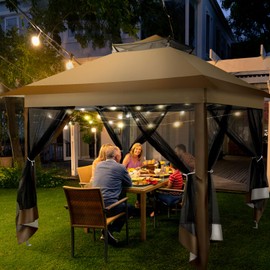 COBIZI 12x12 Pop Up Gazebo On Clearance Canopy Tent- Upgrade Metal Outdoor Canopy Waterproof - Portable Gazebo with Mosquito Nettings, 4 Ropes 8 Stakes and Carry Bag for Patio Garden(Coffee)