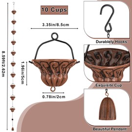 KHayRovies 8.6ft Rain Chain for Outside, 10 Bell Cups Copper Rain Chains for Gutters, Rain Catcher Chain, Garden Decorative Rainwater Gutter Chains Rain Diverter for Roof Replace Downspout
