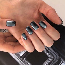KQueenest Chrome Press On Nails - Metallic Schwarz Nägel zum Aufkleben Mittel Kurz Eckig, Spiegel Effekt Fake Nails Künstliche Fingernägel, Sparkle Bling Acryl Nägel für Frauen, 24 Stück