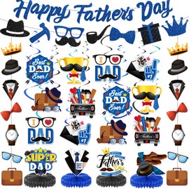 Fathers Day Decorations for Home Blue Glitter Banner Hanging Swirls Honeycomb Centerpieces for Happy Father's Day Party Supplies Dad's Day Party Decorations