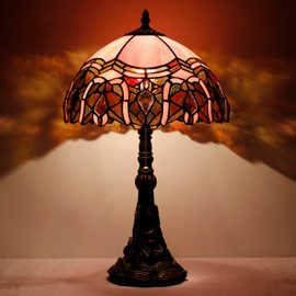 ANYONGLU Tiffany Lamp Stained Glass Table Lamp 12X12X19 Inch Resin Base for Desk Bedroom Living Room Reading Light (Pink Bent)
