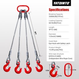 YATOINTO 4 Leg Bridle Wire Rope Slings 15T, 1/2"x5' Large Lifting Cable Sling Rope, 6610lb Vertical Rated, Eye Hooks with Safety Latches, Heavy Duty Rigging Cable with Sling Hooks for Lifting & Towing