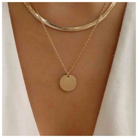 Yheakne Punk Layered Herringbone Chain Necklace Gold Coin Disc Pendant Necklace Tiny Circle Choker Necklace Flat Snake Necklace Chain Jewellery for Women and Girls
