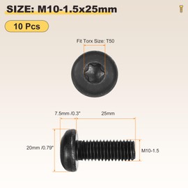METALLIXITY Pan Head Torx Security Screws Bolts (M10-1.5x25mm) 10Pcs, Button Torx Head Machine Screws Carbon Steel - for Furniture Woodworking Project, Black