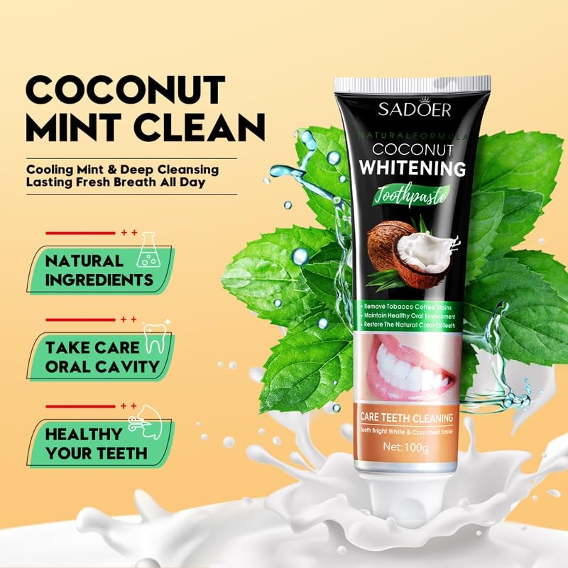 Coconut Mint Whitening Toothpaste, Natural Formula, Deep Cleaning, 100g
