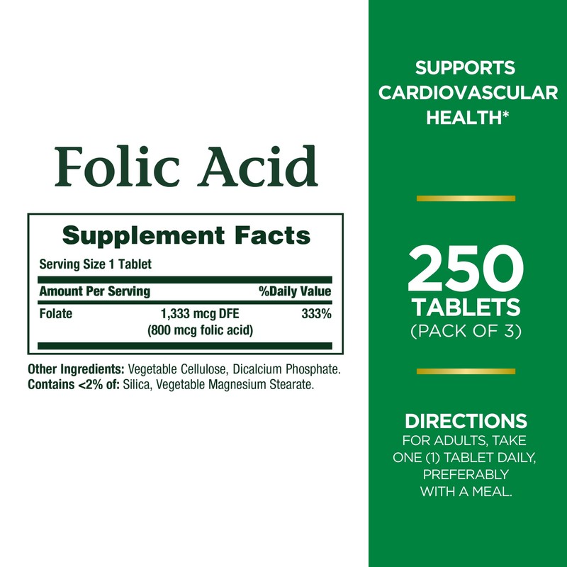 Nature's Bounty Folic Acid Supplement, Supports Cardiovascular Health, 800mcg, 250