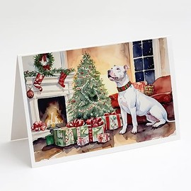 Caroline's Treasures DAC1227GCA7P White Pit Bull Terrier Christmas Greeting Cards and Envelopes Pack of 8 Blank Cards with Envelopes Whimsical A7 Size 5x7 Blank Greeting Cards