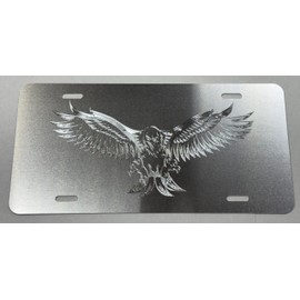 Engraved US American 3D Fierce Eagle Diamond Etched Silver Car Tag Vanity License Plate
