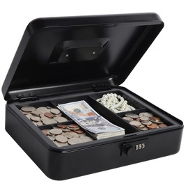 Large Cash Box with Combination Lock, Metal Money Box for Cash, Lovndi Lock Box with Money Tray, 11.8 x 9.5 x 3.54 Inches, Black