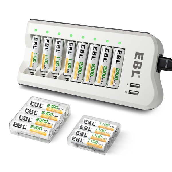 EBL AA 2300mAh (8 Pack) and AAA 1100mAh (8 Pack) Ni-MH Rechargeable Batteries and AA AAA Rechargeable Battery Charger with 2 USB Charging Ports