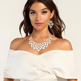 Flyonce White Statement Collar Necklace with Earrings Set, Enamel Vintage Chunky Bib Necklace Costume Jewelry Sets for Women Wedding