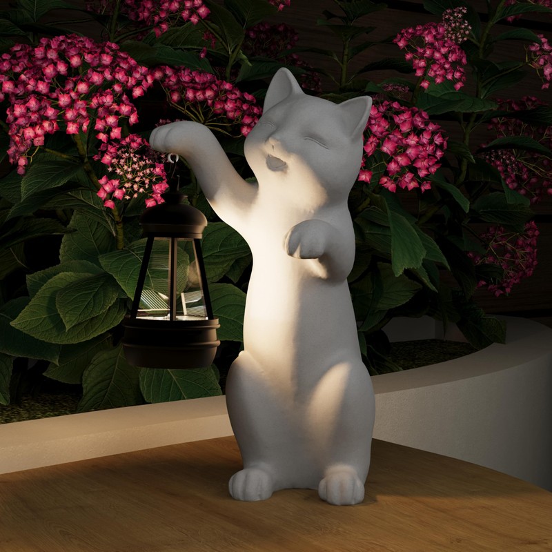 mikilov Cat Resin Statue with Solar Lantern (Hand) - Outdoor