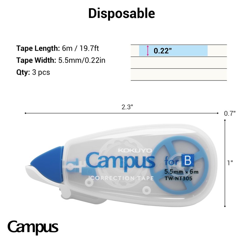 KOKUYO TW-NT305X3 Cinta correctora para notas de campus, para regla