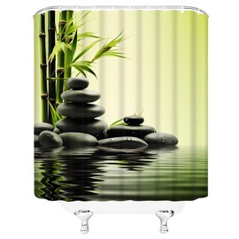 YSSFAV Zen Stone Spa Shower Curtain Green Bamboo Minimalist Relaxing Bathroom Decor Curtains Set with Hooks, 70" W x 70" H
