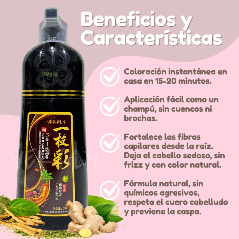 3 Pz Shampoo Tinte Instantáneo Cubre Canas Natural Jengibre