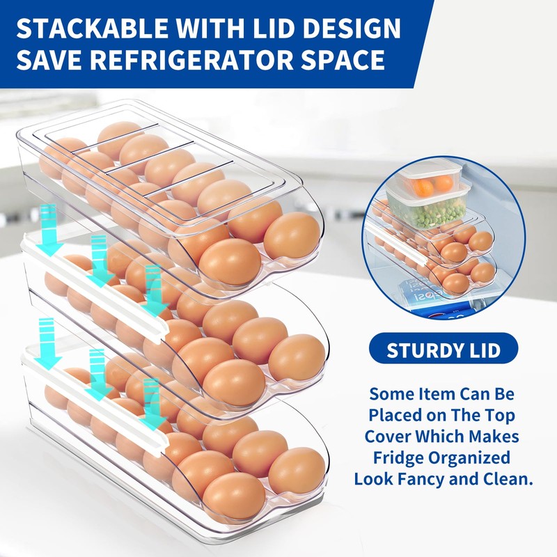 MesRosa Egg Holder for Fridge, Automatic Rolling Egg Organizer for