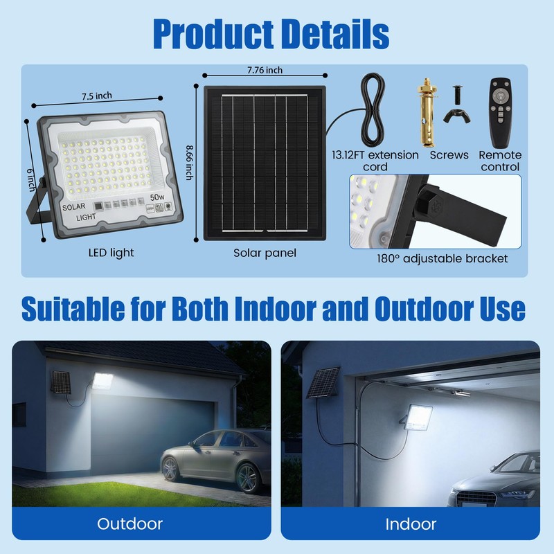 2-Pack 50W Solar Flood Light Outdoor Waterproof, 15000LM 6500K LED